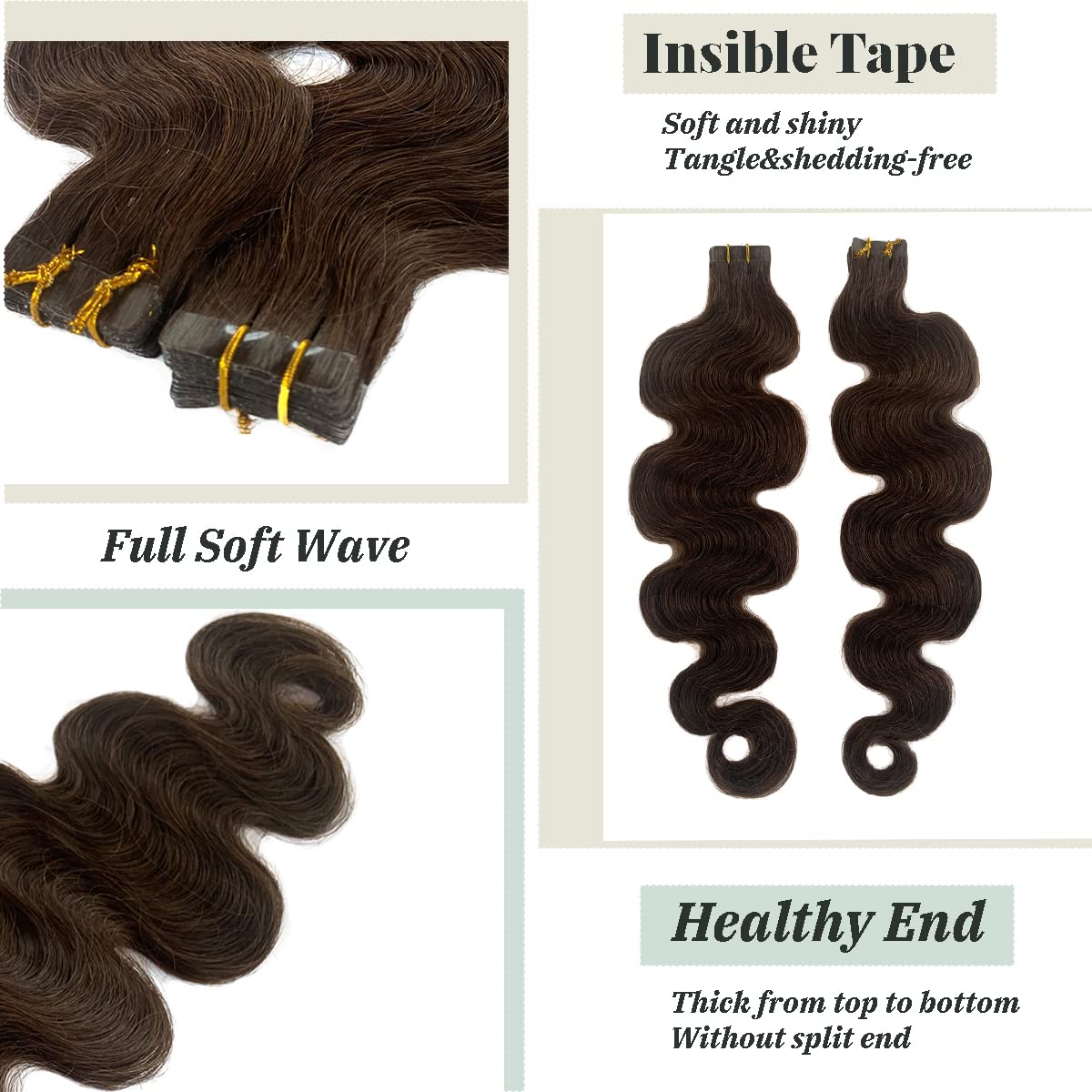 Body Wave Tape in Hair Extensions Real Human Hair for Women #2 Dark Brown Wavy Soft Seamless Glue in Extensions Tape on 16 Inch 30grams 20Pcs
