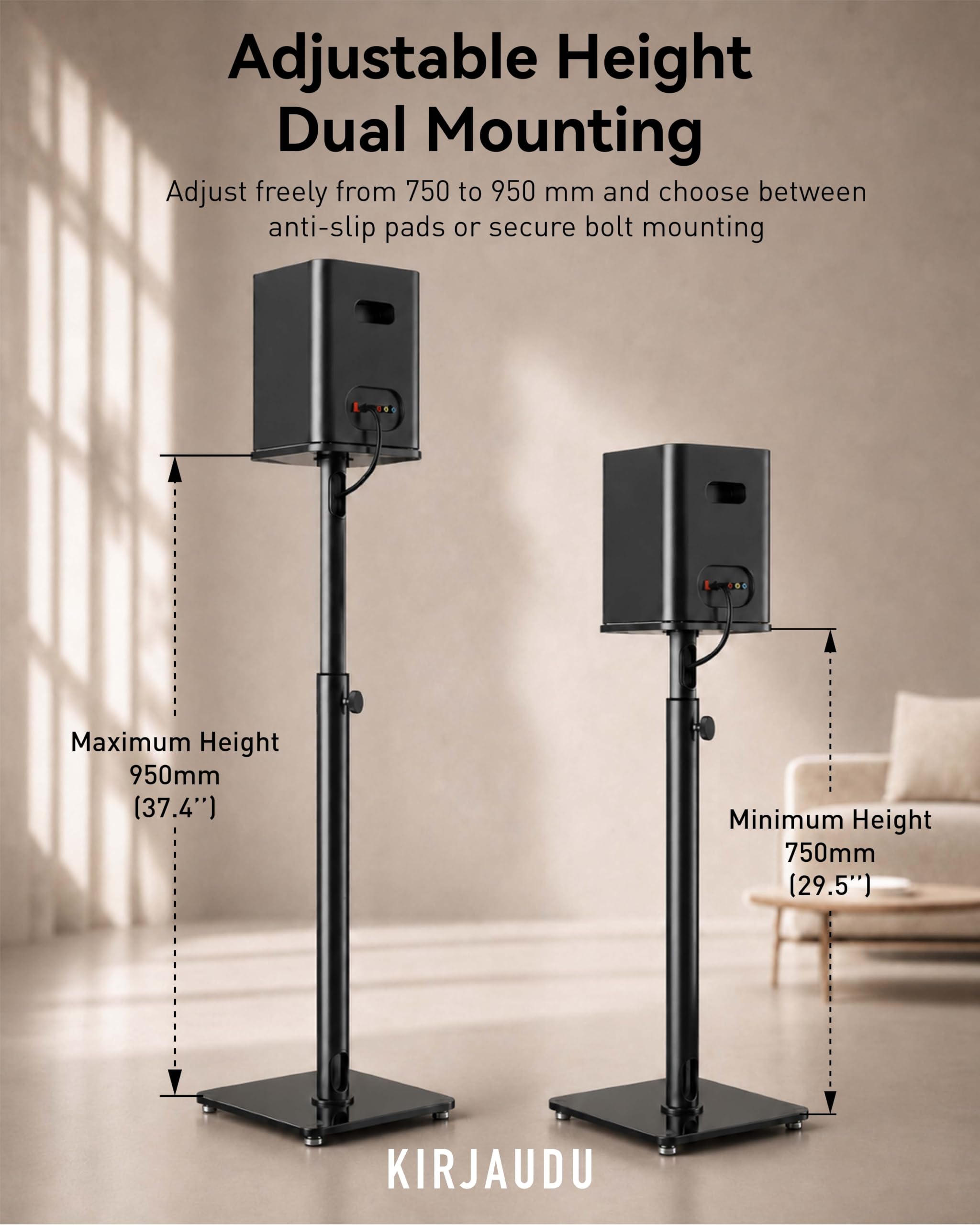 Coppia di supporti per altoparlanti, altezza regolabile 75–95 cm, supporti da pavimento in metallo per diffusori da scaffale, satellite e surround, gestione cavi, 25 kg