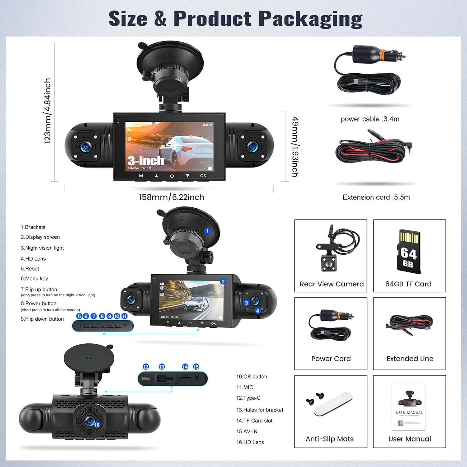 1080P Kamera samochodowa z 4 kamerami 360° Ekran IPS 3″ Widzenie nocne Monitorowanie podczas postoju Czujnik G Uniwersalna instalacja