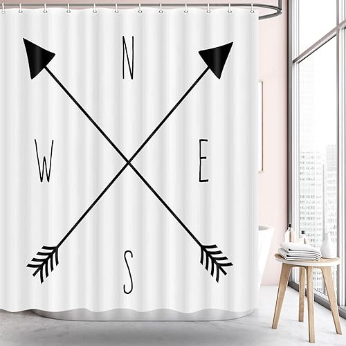 Miniatura 2 de JAWO Cortina de ducha de camping para caravana, remolque, campamento, baño, brújula y flechas N - S - E - W, cortina de ducha más corta y estrecha