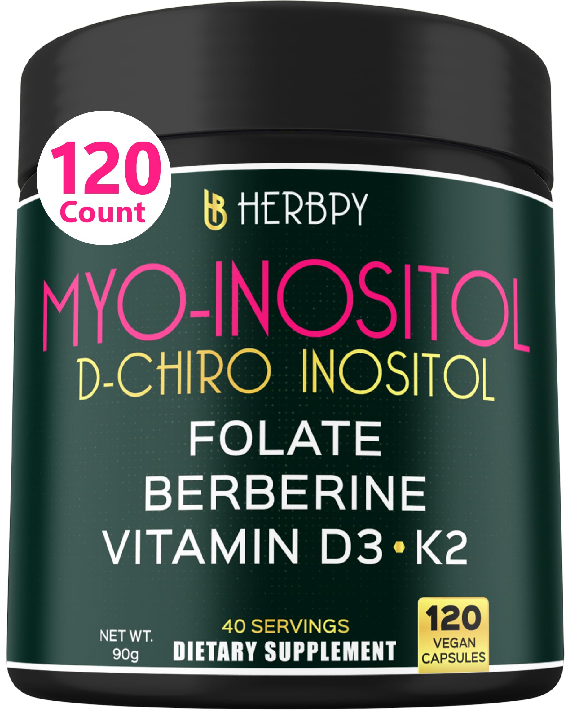 Herbpy Suplemento de Inositol para Mulheres com Myo-Inositol 2.000 mg, D-Chiro-Inositol 50 mg e Berberina HCl 200 mg, 120 cápsulas