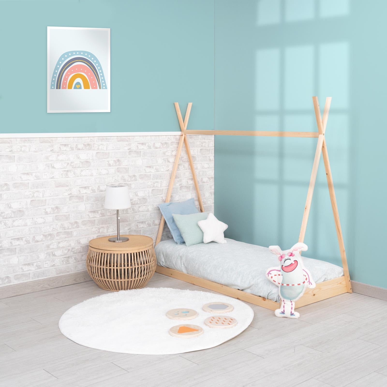Cama Infantil Tipi Montessori de Madera Ecológica Tipi Dreams 150,5x75x138 cm para Colchón de 140x70 cm Guirnalda LED
