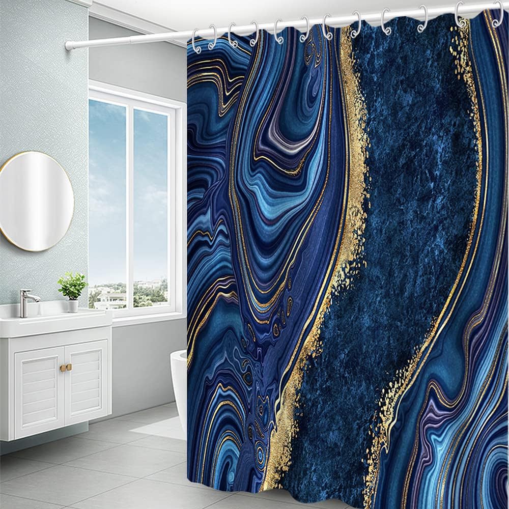 Navy Blue Shower Curtain, Marble Shower Curtain for Bathroom Stall RV Waterproof Fabric Abstract Shower Curtain Set with Hooks 72x78 inches