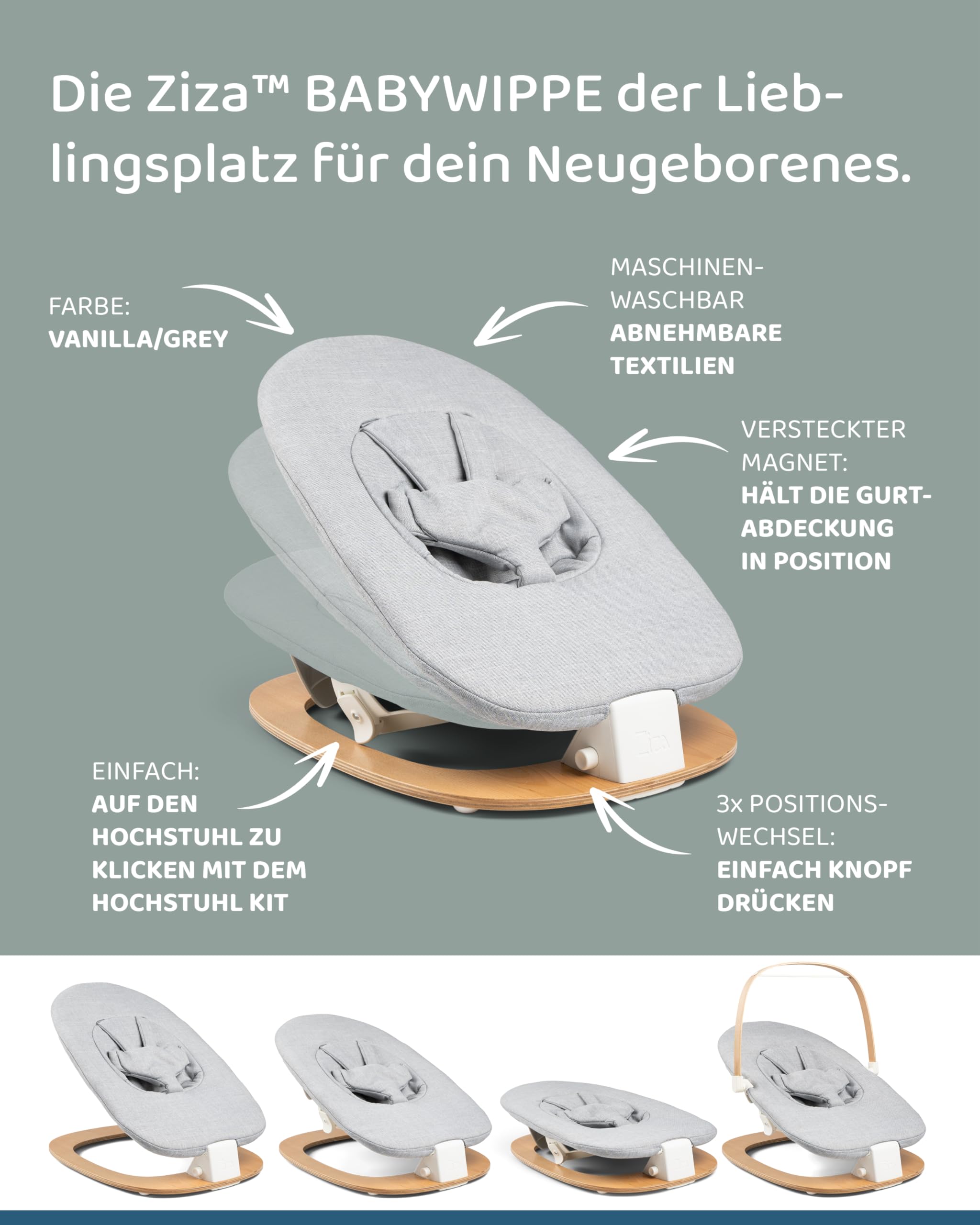 Ziza Babywippe für Neugeborene Vanilla/Grey - Wippe für Babys bis zu 9 kg, Geeignet zur Fixierung am Hochstuhl, Montage-Set inklusive, Sicherer Halt mit 5-Punkt-Gurt