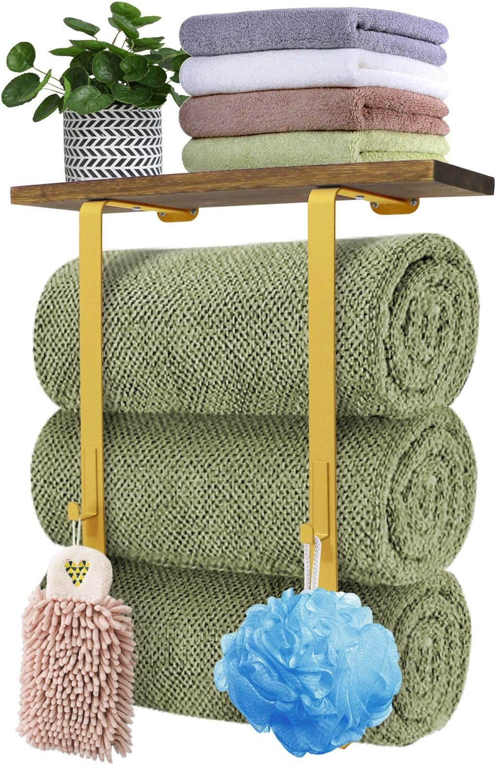 Amazon.com: Towel Racks for Bathroom Wall Mounted, Metal Towel Holders with Black Wooden Shelf ...