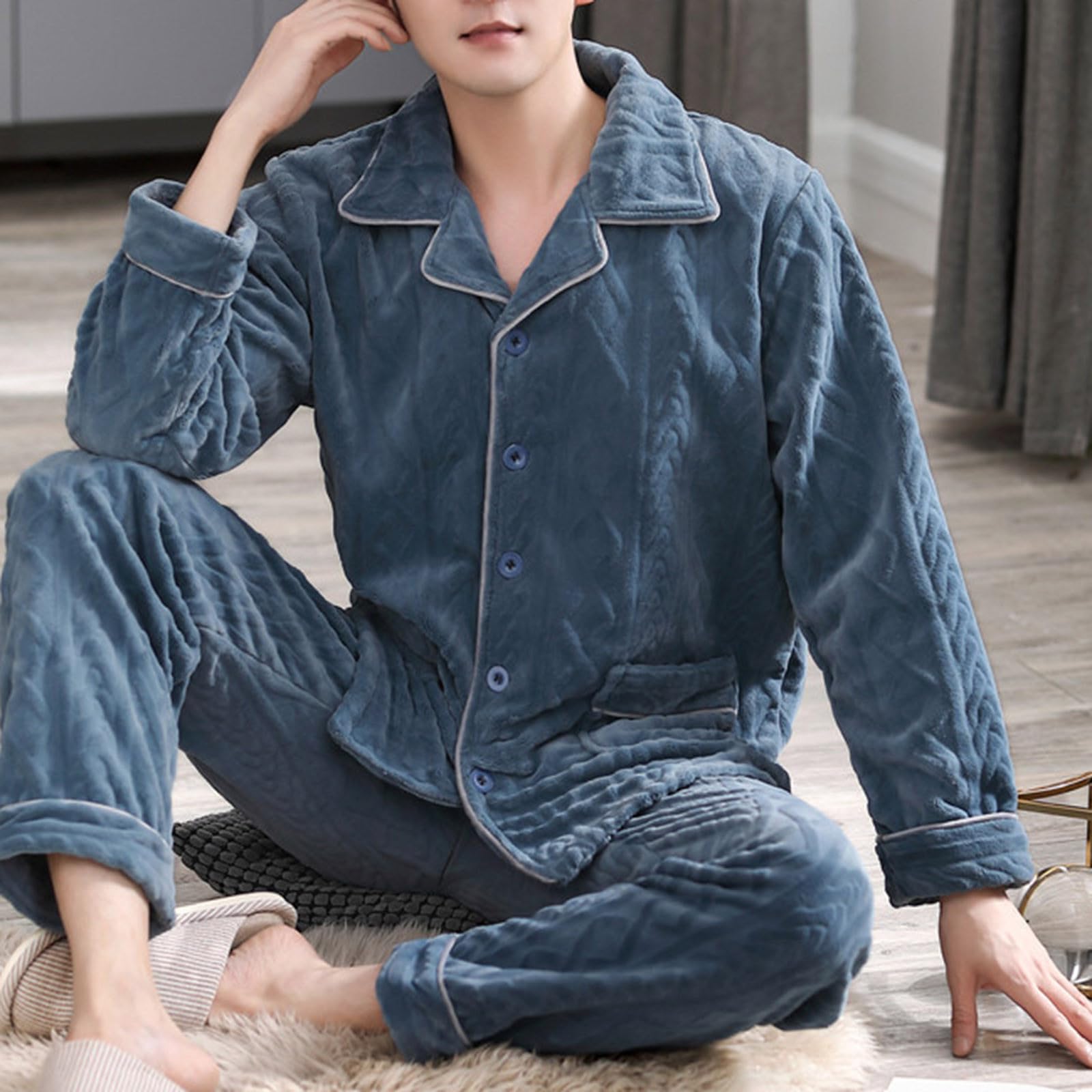 Pijama de forro polar para hombre, conjunto de pijama cálido de invierno de manga larga con solapa, ropa de dormir con botones y pantalones de dormir, franela de dos piezas, pijama grueso