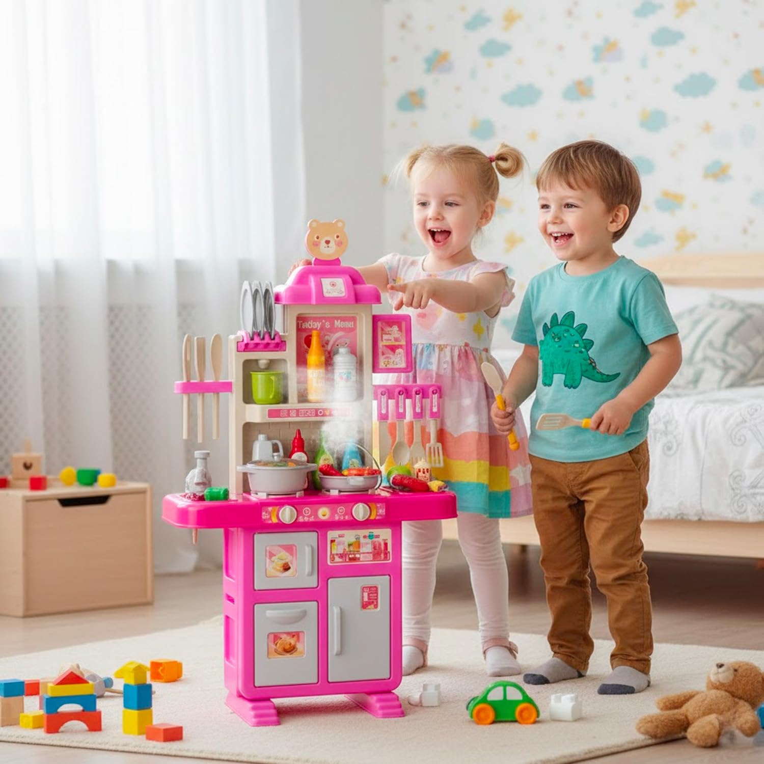 Cucina Giocattolo Per Bambini Con Luci E Suoni Realistici 69 Accessori Rubinetto Con Sistema Di Riciclo Dell'Acqua E Fornelli Per Bambini Dai 3-5 Anni Set Cucina (Rosa)