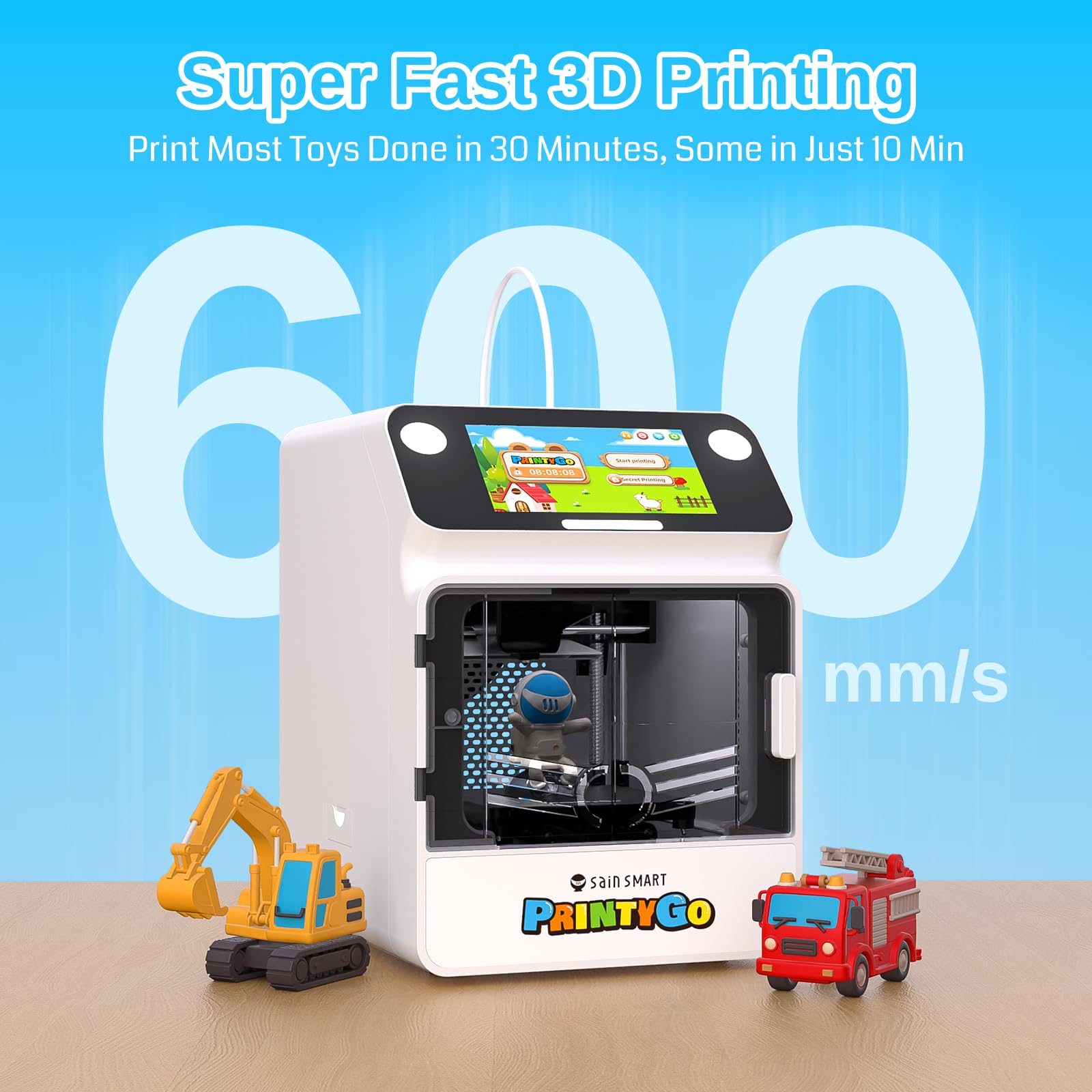 Drukarka 3D PrintyGo Mini dla dzieci, drukarka z automatycznym poziomowaniem 600 mm/s dla początkujących, bezpieczna dla dzieci konstrukcja, sterowanie przez Wi-Fi/aplikację, prezent do nauki STEM