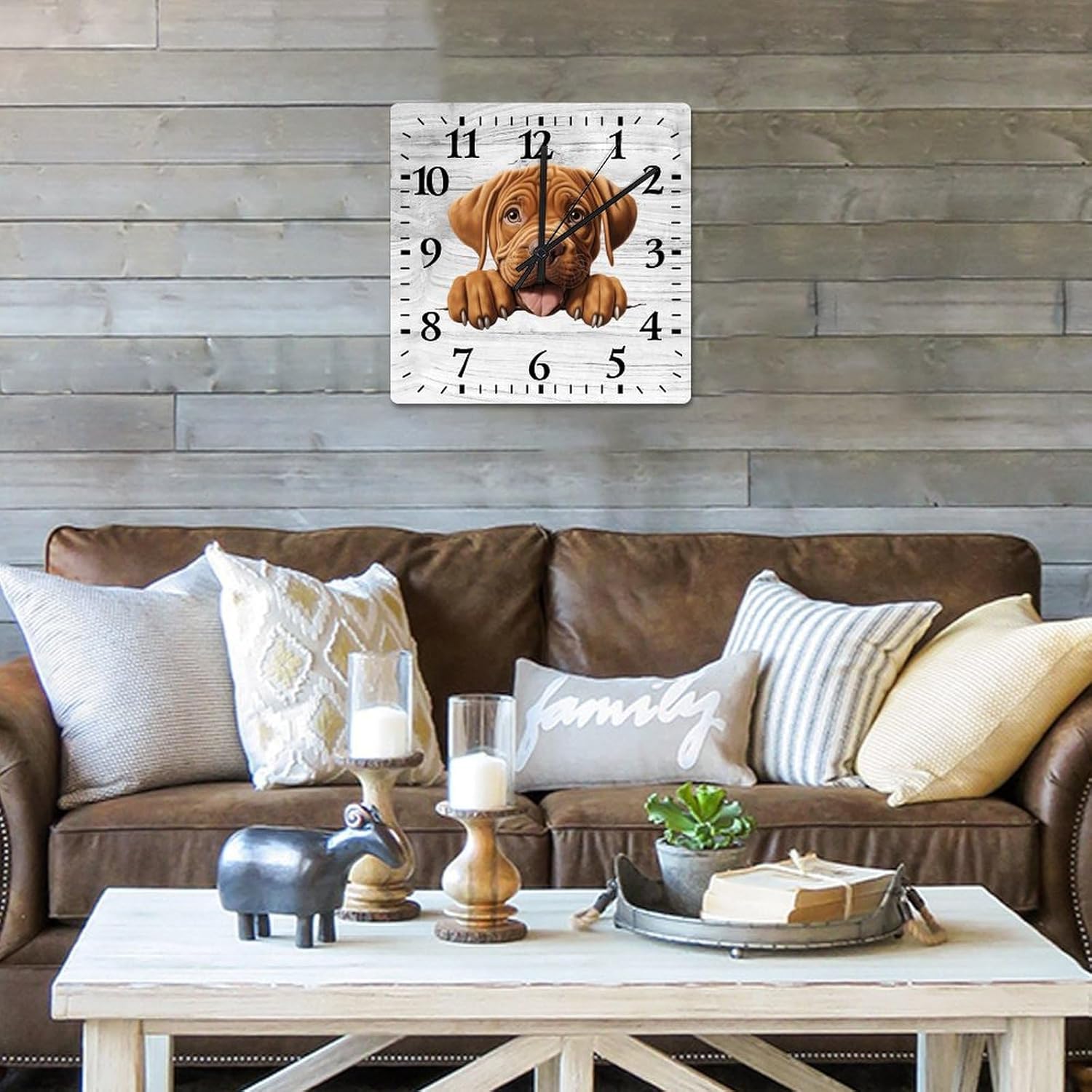 Dogue De Bordeaux Wall Clock Peeking Dogs Square Clock 15 Inch Large Wall Clocks Battery Operated Rustic Home Decor for Home Kitchen Office School Bathroom