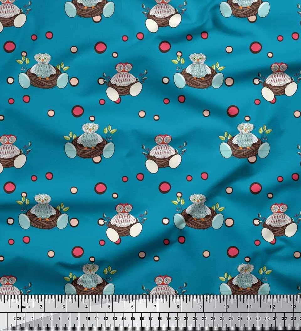 Soimoi Blue Poly Georgette Fabric Egg & Owl Bird Printed Fabric 1 Yard 42 Inch Wide