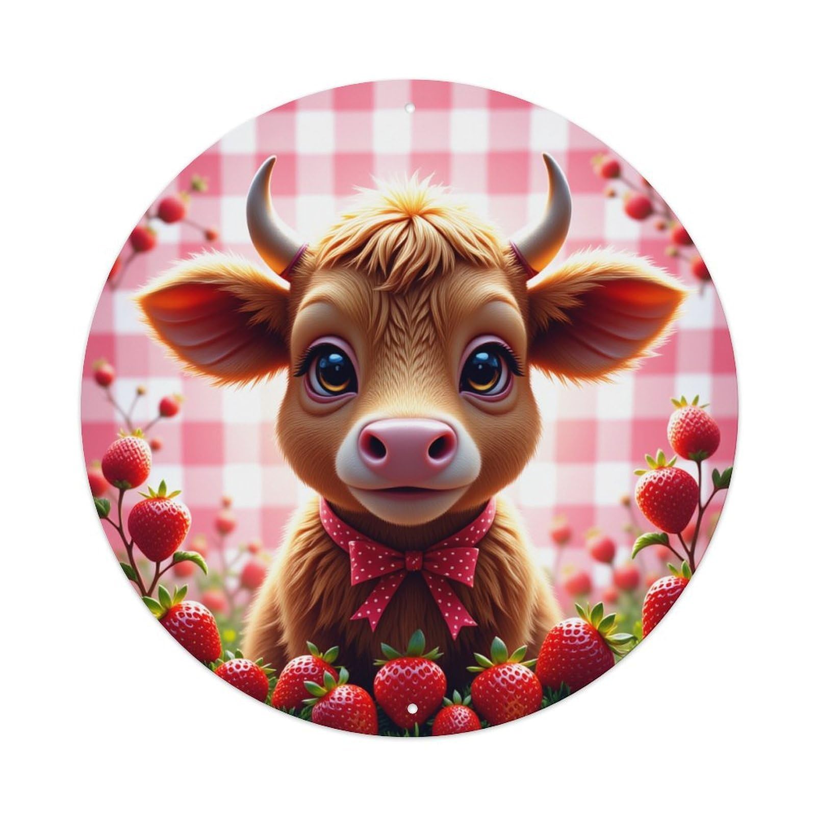 Cute Cow Strawberry Field Pattern Round Tin Sign Vintage Metal Poster, Home Bar Garage Man Cave Cafe Indoor & Outdoor Wall Decoration 8x8Inches