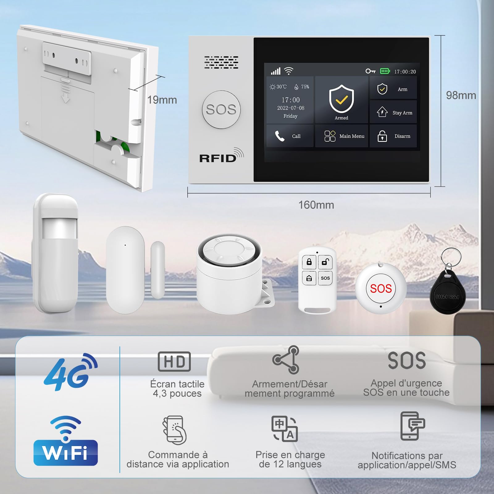 Alarme Maison sans Fil WiFi 4G sans Abonnement, Kit Alarme Maison Connectée 21 Pièces avec Écran Tactile 4,3", Sirène 120 DB, Détecteurs Mouvement et Porte/Fenêtre (Lot de 21 Articles)