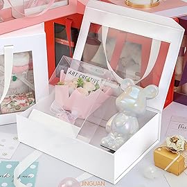 JINGUAN White Gift Box with Window, Clear Magnetic Gift Box with Handle for Present, Bridesmaid Proposal Box (10.5x7.5x3 Inches