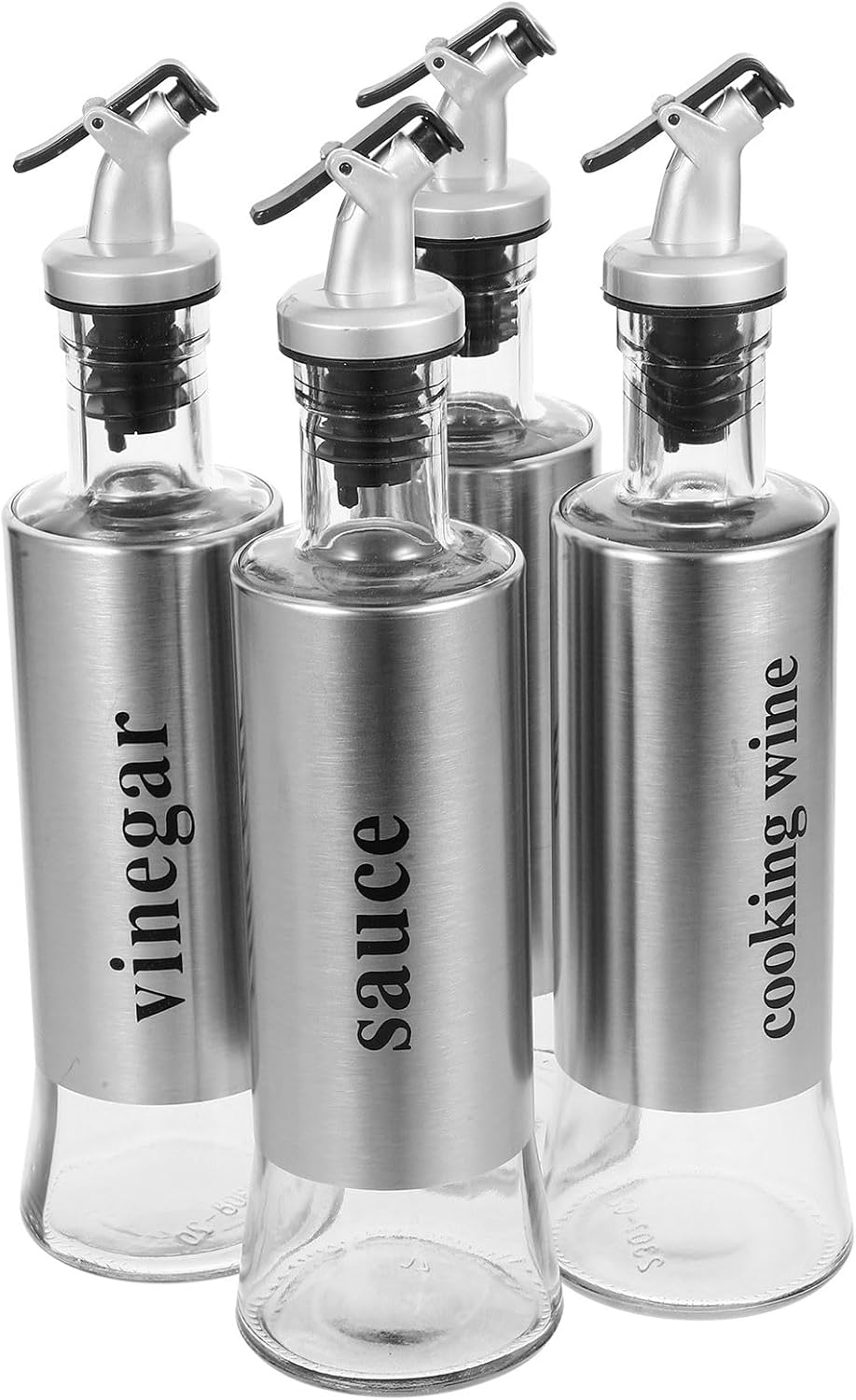 Glass Oil and Vinegar Dispenser Bottles Set 4pcs 300ml Stainless Steel Spout Kitchen Oil Pot Sauce Wine and Vinegar Home Cooking and Dining Use