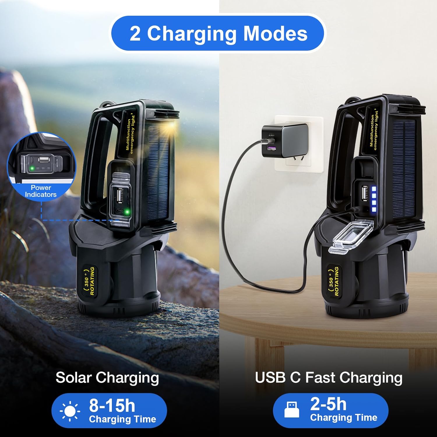 Spotlight Rechargeable Flashlight High Lumen 2,000,000L, 9 Modes 350° Rotatable Super Bright Led Spot Lights Outdoor Handheld with Solar Powered & USB C, Long Lasting, Waterproof for Camping - Image 4