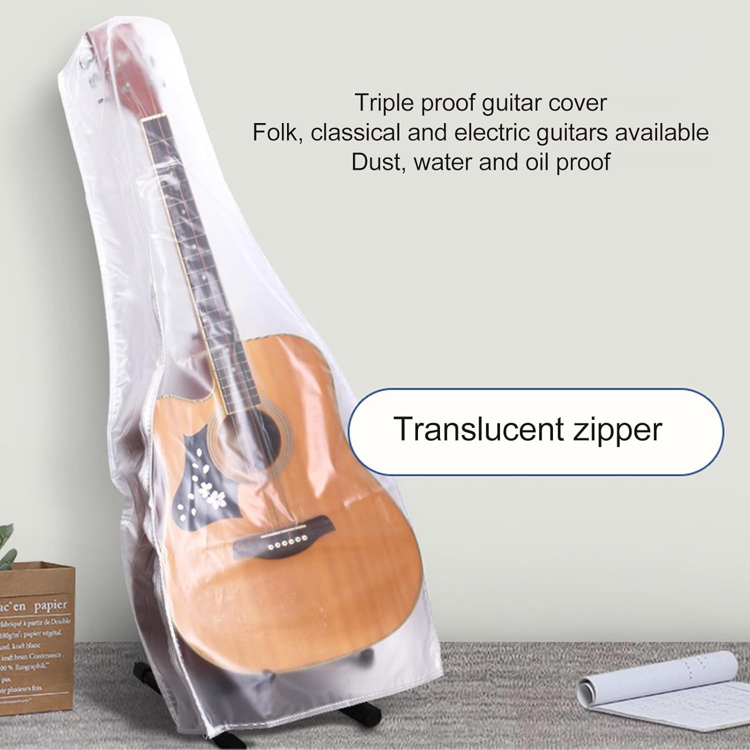 banapoy Acoustic Guitar Dust Cover, Waterproof PVC Frosted Electric Guitar Dust Cover Zippered Storage Bag, Instrument Shell for Bass Folk Classical Guitars, Clear, banapoyc21o94zq85