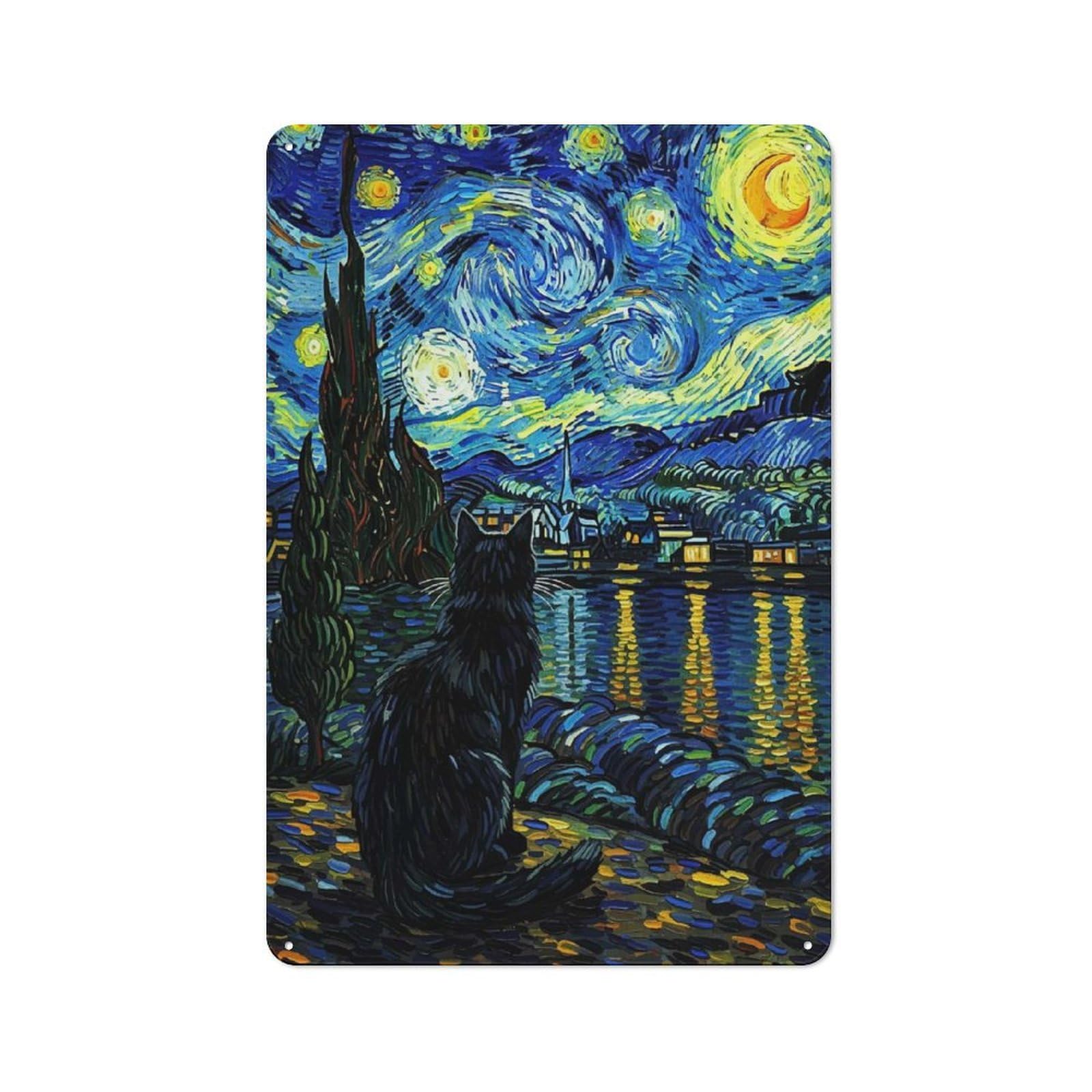 Junmoney Starry Night Cat Painting Understated Office Metal Sign 30X20cm Featuring Study Room Decor For Home Office, Reading Corner Or Bedroom