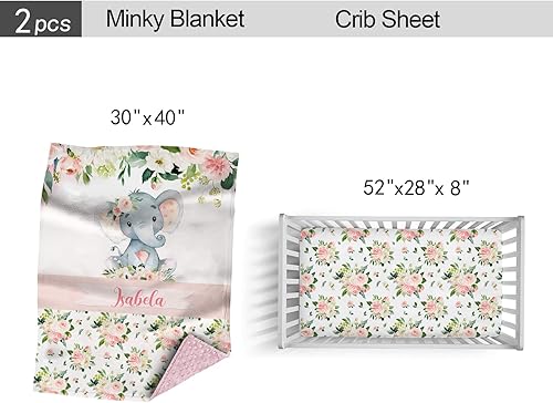 Miniatura 4 de Juego de ropa de cama personalizado para cuna de bebé, edredón con nombre personalizado, ropa de cama de elefante floral, juego de 2 piezas con