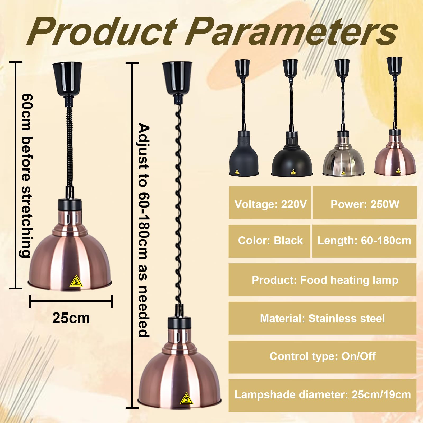 Lampara Calienta Platos, 250W Lampara Calor Cocina Extensible | Lamparas de Calor Hosteleria 19 cm/25 cm, Suspension Lampara de Calor Alimentos Cocina, Restaurante y Buffet