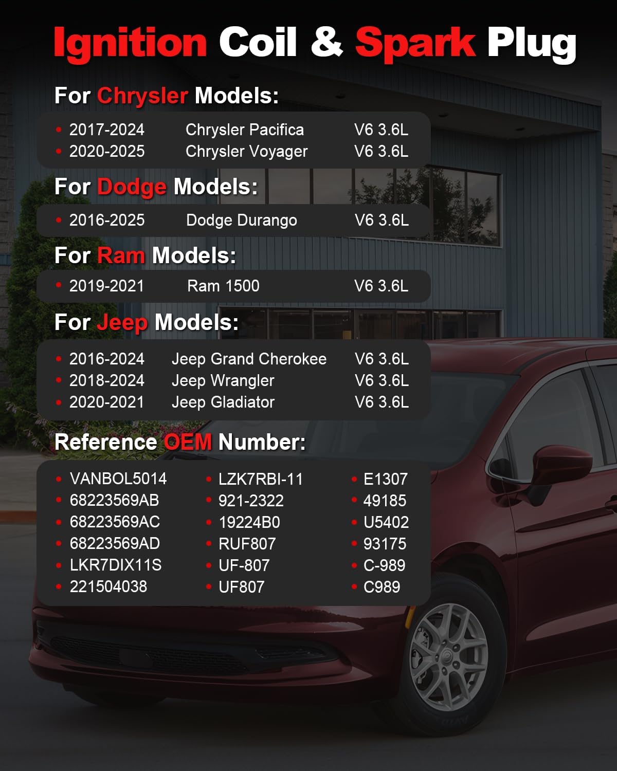Set of 6 Ignition Coil Pack UF807 & Iridium Spark Plug Compatible with 2016-2024 Jeep Grand Cherokee Wrangler Dodge Durango Chrysler Pacifica Ram 1500 Voyager V6 3.6L Replace 68223569AB 93175