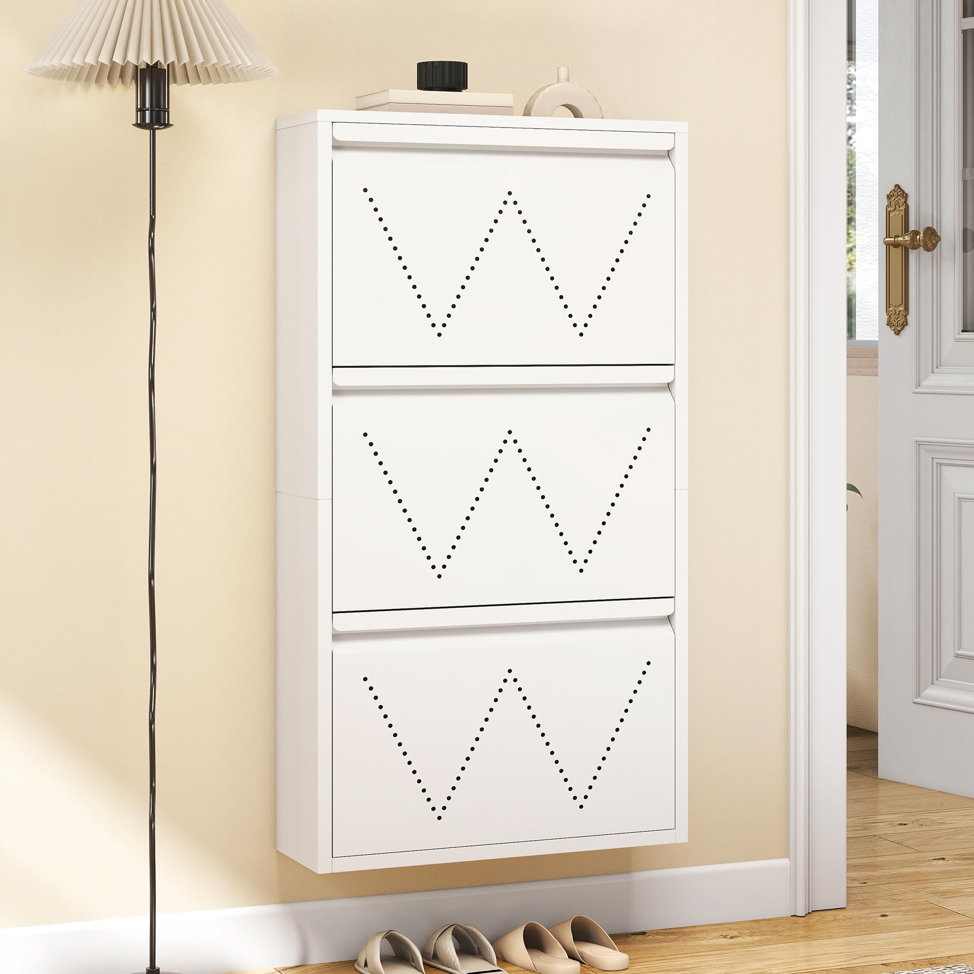 TAUS Schuhschrank Schmal Schuhregal Metall Schuhkipper mit Magnet Klappen Schuhablage Montiert und Wandmontage (Weiß, 3 Klappen) (2)