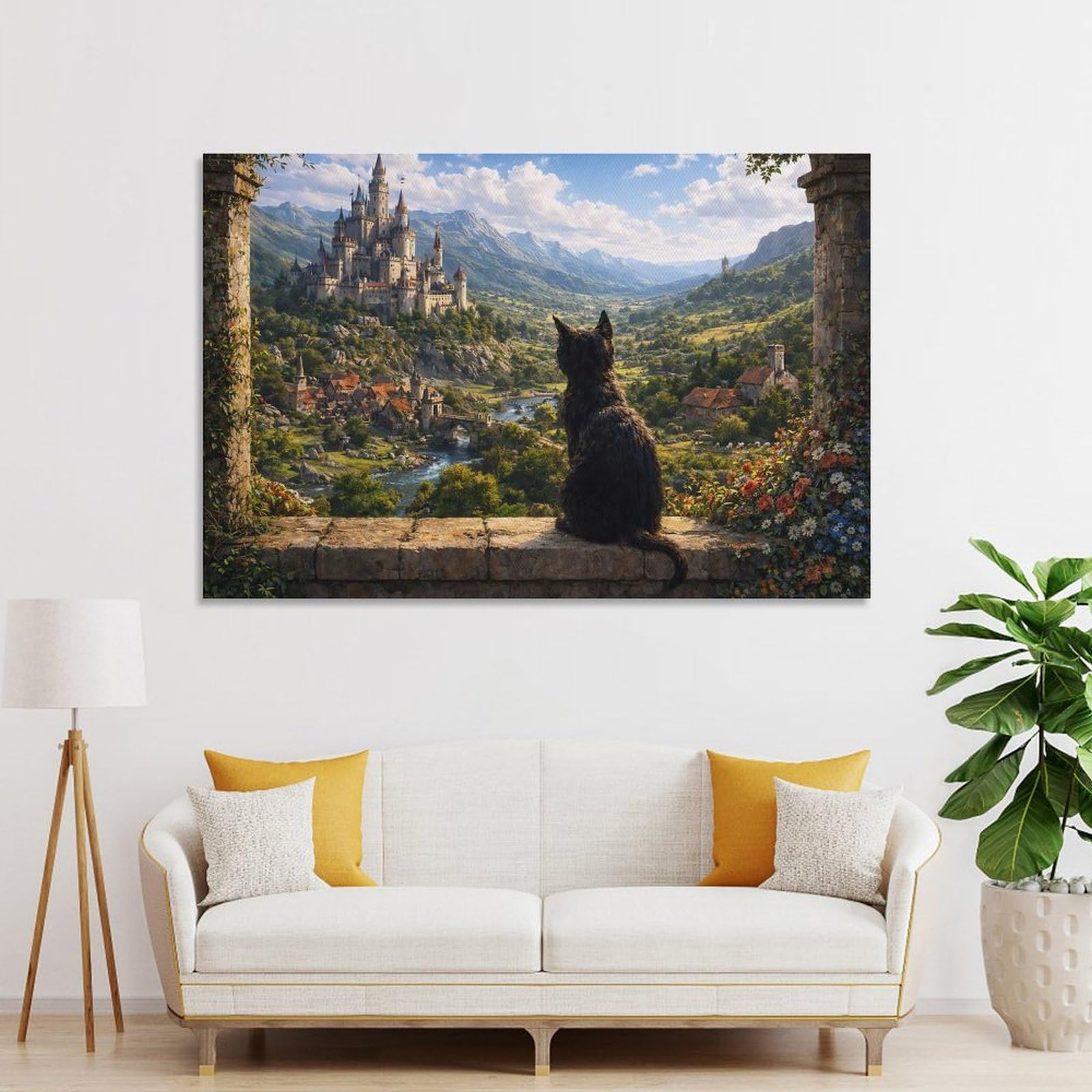 Junmoney Silent Cat Overlooking A Medieval Landscape Wall Art Print 16x24inch(40x60cm), for Lounge, Study, Hallway Or Flat Walls, Decorative Artwork with Broad Appeal