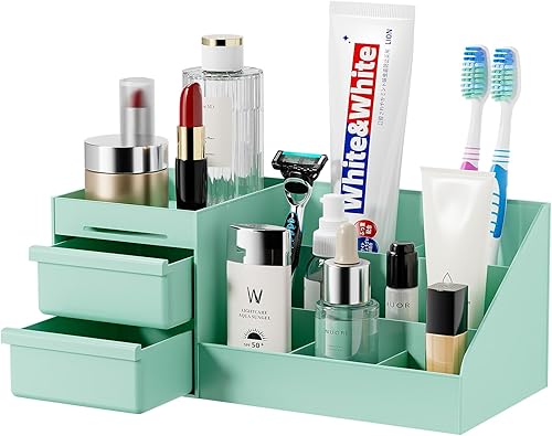 VITVITI Makeup Organizer Countertop, Plastic Toothbrush Holders for Bathroom, Bathroom Organizers and Storage with Drawer for VanityCounterSink