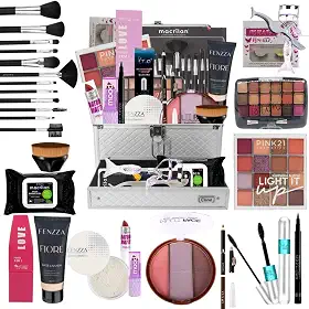 Kit Maleta de Maquiagem Completa Qualidade Premium, 12 Pinceis Profissional Macria + kit de Maquiagem + Kit de Acessorios - COR DA BASE CLARA