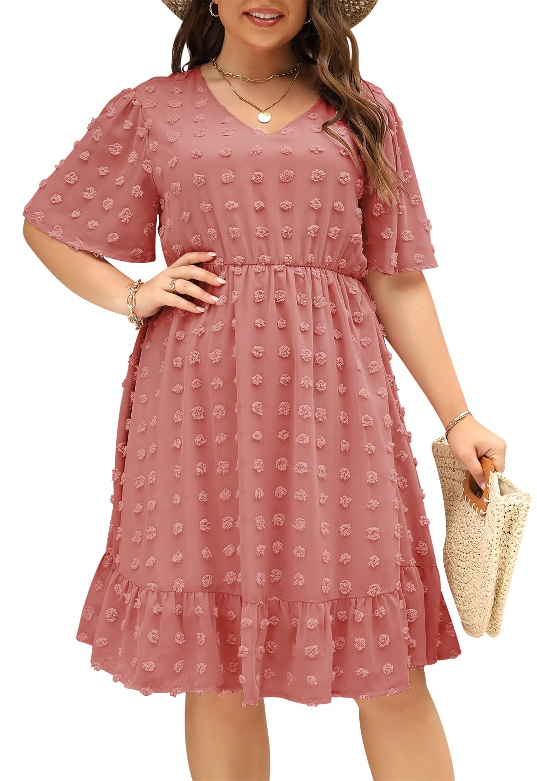 Keluummi Plus Size Wedding Guest Midi Dresses for Curvy Women, Casual Summer Swiss Dot Baby Shower Dress with Sleeve(18 Plus, 02 - Pink)
