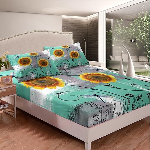 Miniatura 3 de Erosebridal Juego de ropa de cama de tamaño individual, diseño vintage de girasol amarillo, libélula rústica, botánica, turquesa, gris y blanco,