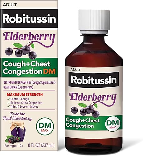 Robitussin Máxima fuerza para la tos de saúco más la congestión del pecho, DM, supresor de la tos para adultos, proporciona alivio líquido sin