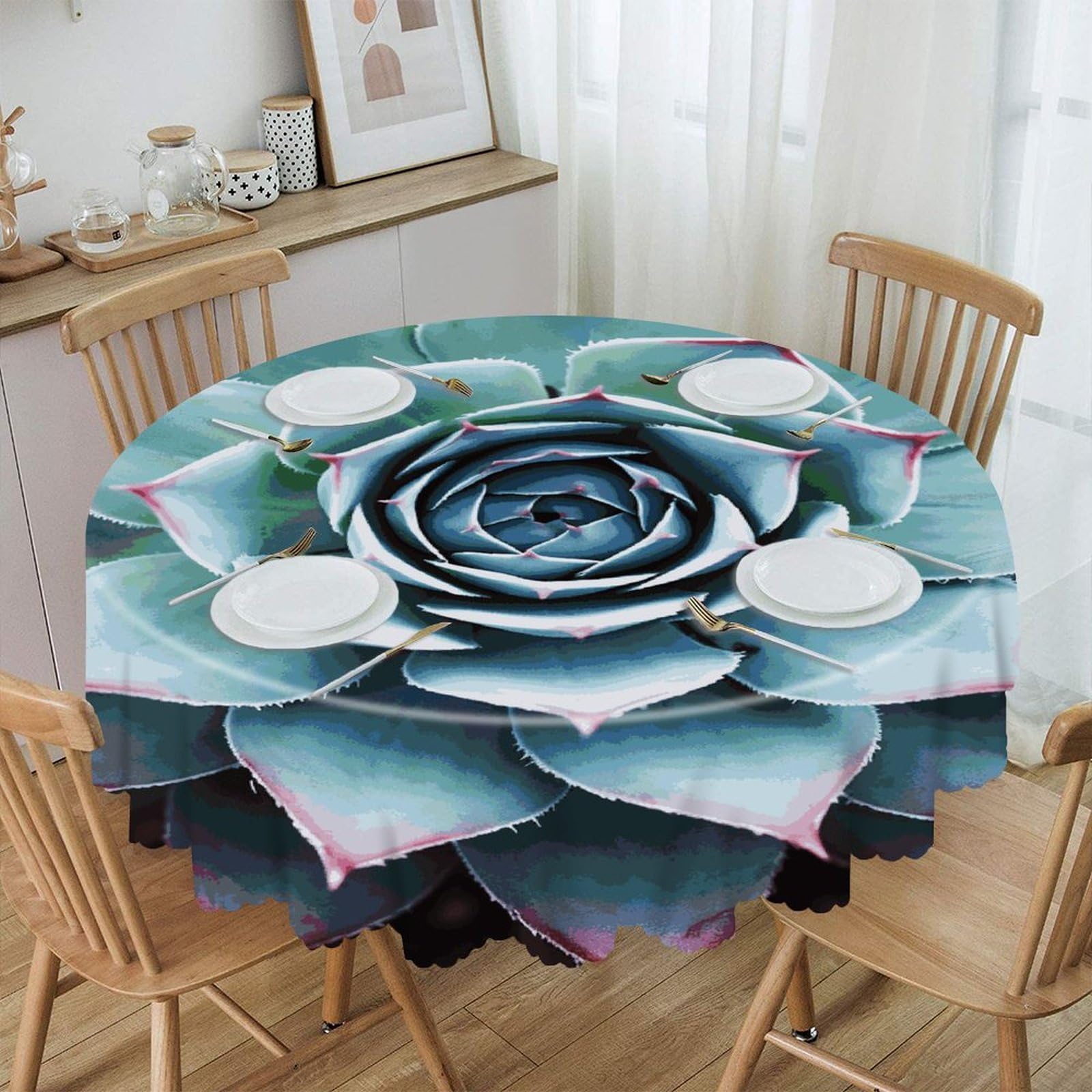 FekiLoot 60 Inch Round Succulent Plant Tablecloth Waterproof Heavy Duty Polyester Table Cloth Spill-Proof Wipeable Table Cover Decorative Circle Dining Tablecover for Party Outdoor