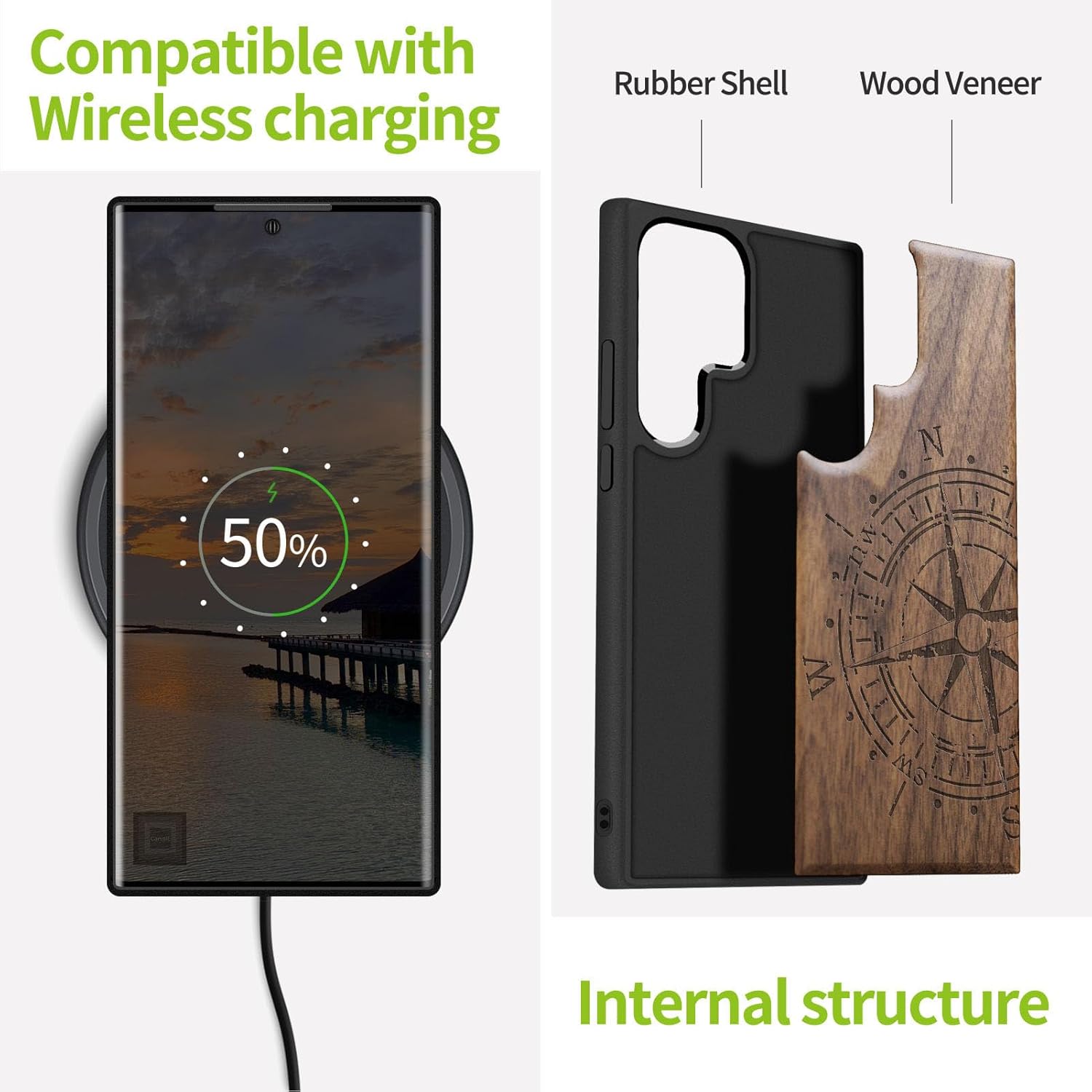 Carveit Wood Case for Galaxy S22 Ultra Case [Natural Wood & Black Soft TPU] Shockproof Protective Cover Unique & Classy Wooden Design Compatible with Samsung S22 Ultra (Vintage Compass-Walnut)