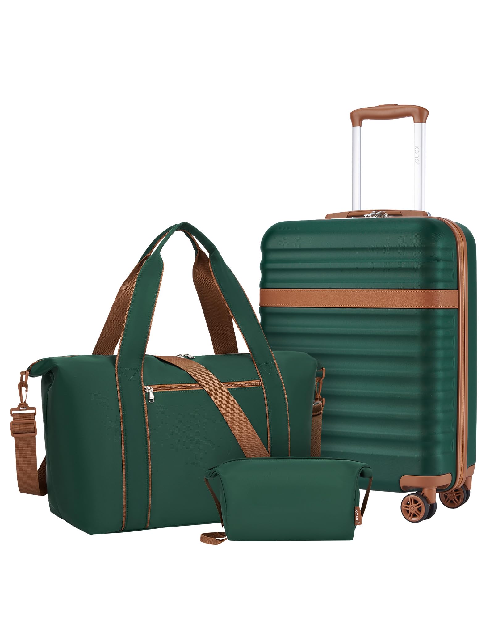 KONO Set da Viaggio 3 Pezzi, Trolley 55 cm e 2 Borse, Verde/Marrone | Valigia Bagaglio a Mano in ABS+PC, Borsa da Viaggio da 32 L, Borsa Organizer, Ruote a 360° e TSA