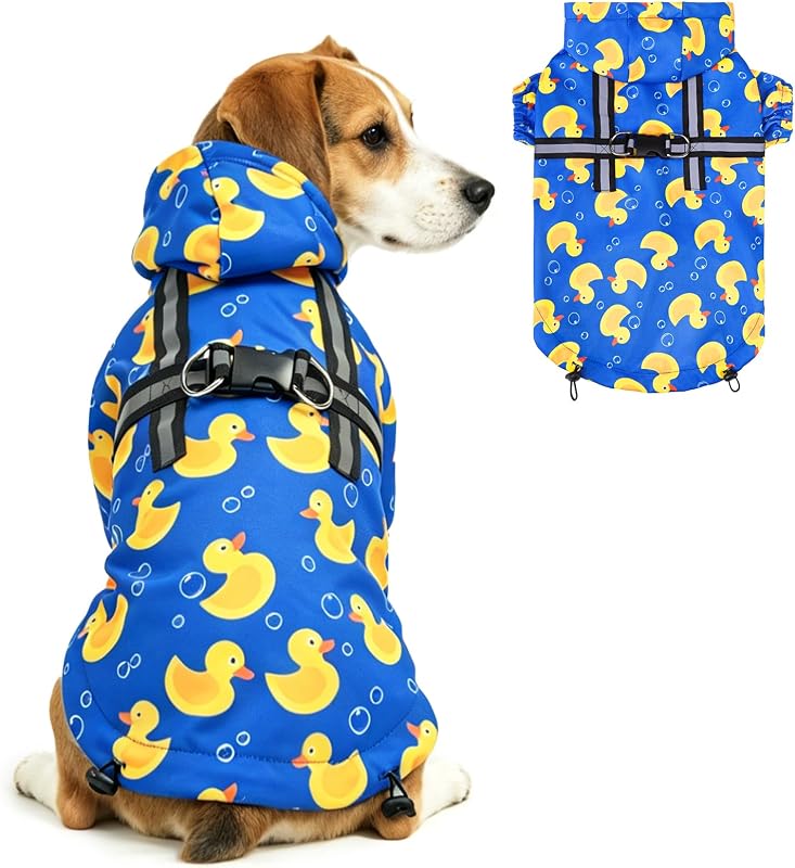 PUPTECK Dog Raincoat with Hood & Harness Built-in, Waterproof Dog Rain Jacket Slicker Poncho Reflective Vest Clothes for Rainy Snowy Winter Cold Days, Blue Duck M