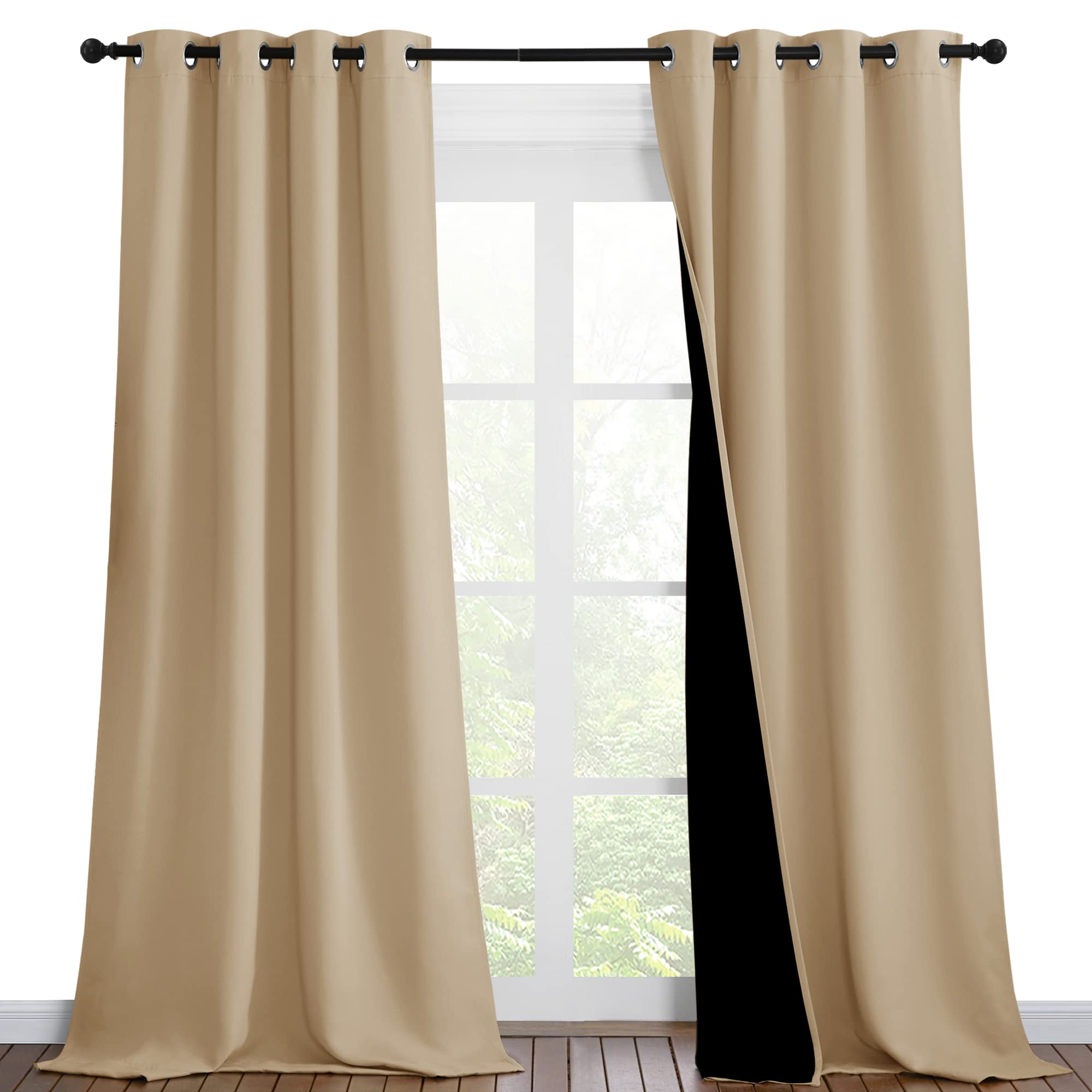 NICETOWN Living Room Completely Shaded Draperies, Privacy Protection &amp; Noise Reducing Black Lined Insulated Window Treatment Curtain Panels for Patio Door (Set of 2 Pcs, W46 x L90, Biscotti Beige)