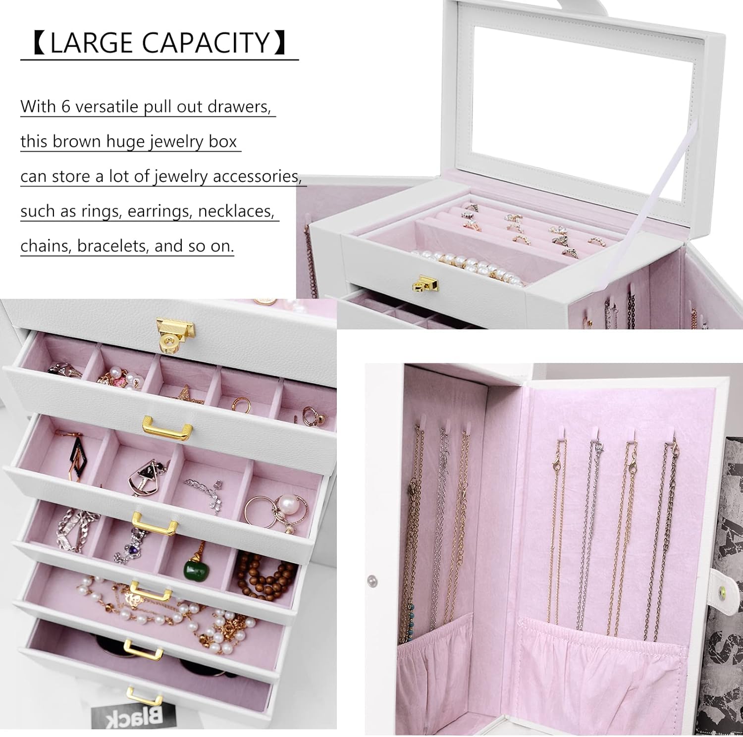 AKOZLIN Extra Large 6-Tier Jewelry Box Organizer with Mirror, 5 Drawers Leather Jewelry Storage Case for Women Girls Ring Necklace Earring Bracelet White - Image 4