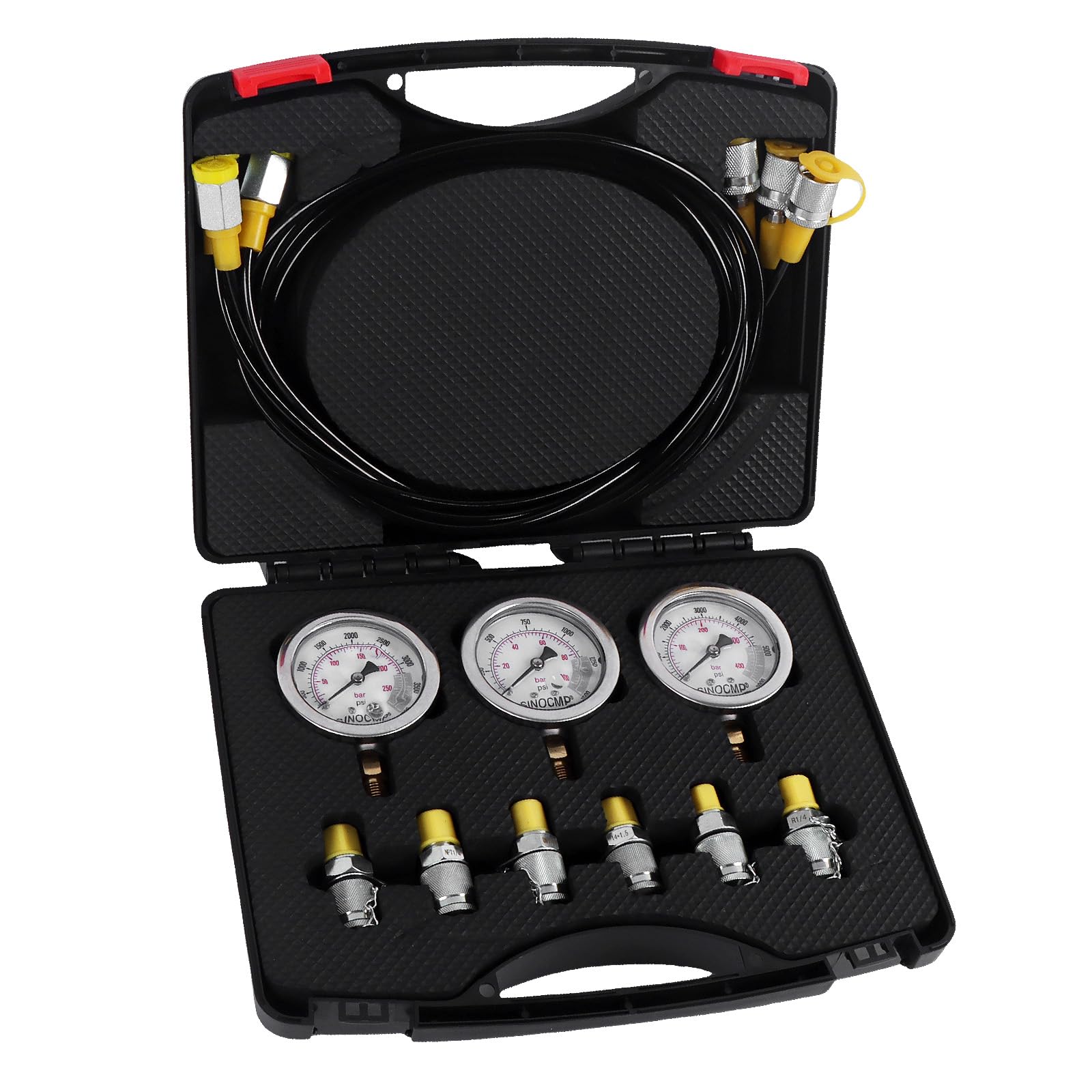 Kit de test de pression pour manomètre hydraulique SINOCMP 6 raccords 3 flexibles de test longs de 160 cm et 3 manomètres 10/25/40 MPA pour excavatrice