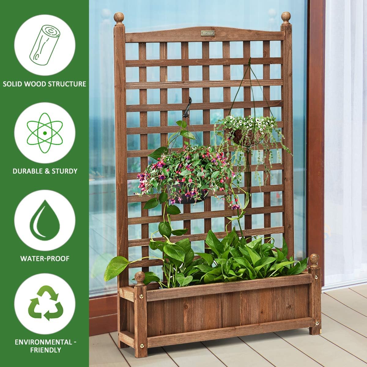 Giantex Wood Planter Free Standing Plant Raised Bed with Trellis for Garden or Yard (11" Dx25 Wx48 H)