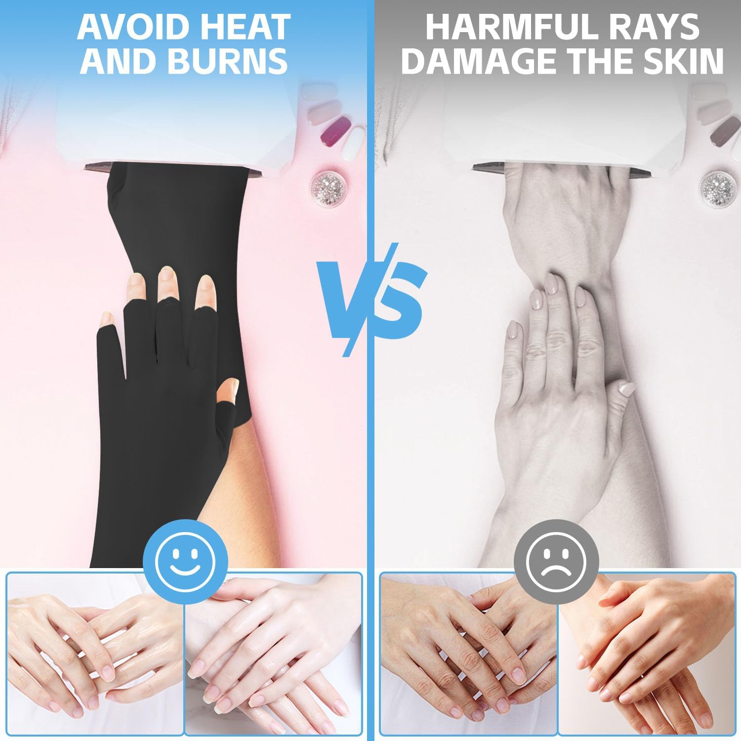 UV Gloves for Gel Manicures, Professional UPF50+ UV Sun Protection Gloves for Nail Lamp, Nail Art Skin Care Fingerless Anti UV Protective Glove for Women, 1 Pair (Black)