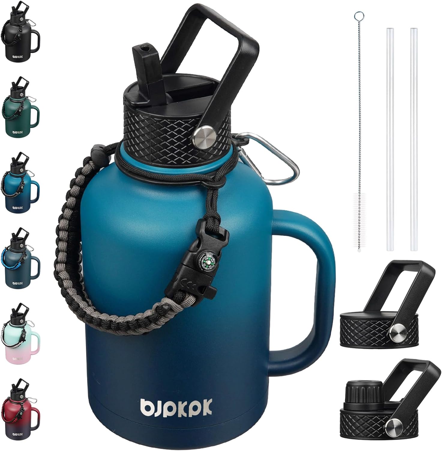 BJPKPK Large Insulated Water Bottles with Straw Lid & Handle, 50oz Water Bottle with 3 Lids and Paracord Strap, Stainless Steel Metal Water Bottle, Insulated Water Jug, Vast