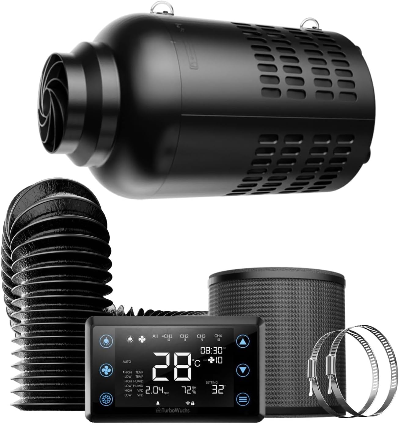 2-in-1 Inline Fan with Carbon Filter System, 6 Inch, Temperature Humidity Controller, Black, EC Motor, Quiet Operation, for Grow Tents and Hydroponics