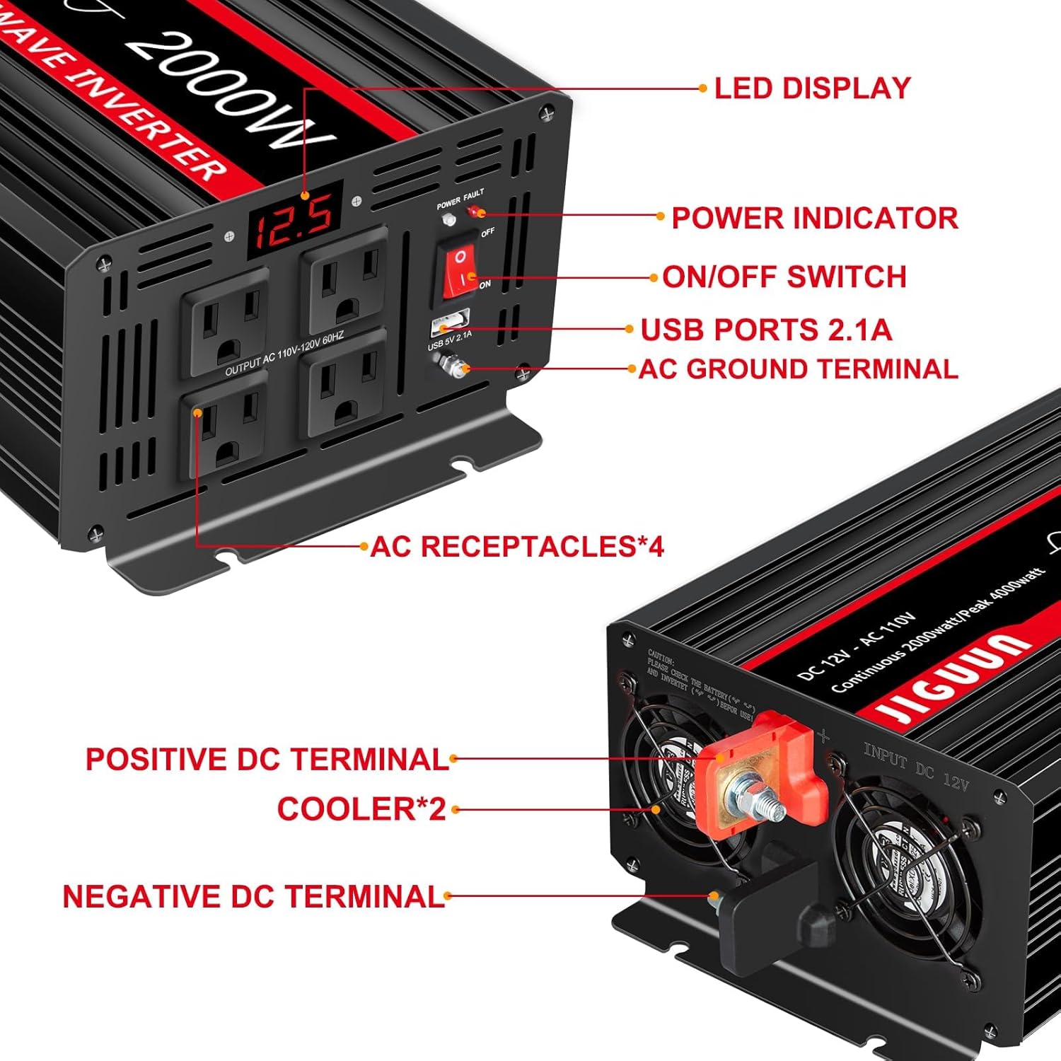 JIGUUN 4000W Peak Pure Sine Wave Power Inverter 2000 Watt,12v DC to 110/120v AC Inverter 3 AC & USB Output,Power Converter LED Display for Home RV Camping Outdoor Car Truck