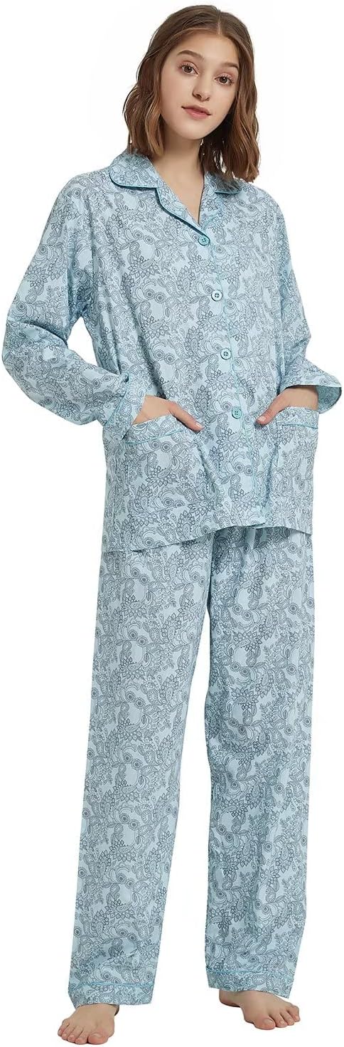 GLOBAL Womens 100% cotton pajamas set with long sleeve button down pjs 2 piece nightwear button fly sleepwear bottom drawstring waist pajama