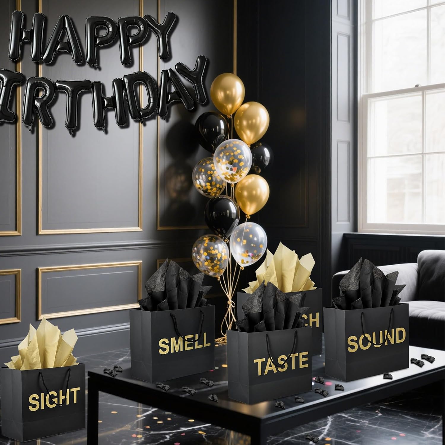 Foxtell 5 Senses Gift Bags Five Senses Birthday Decorations with Tissue Paper Ribbon Happy Birthday Banner Balloons Rose Petals Ribbons for Party(Black Gold)