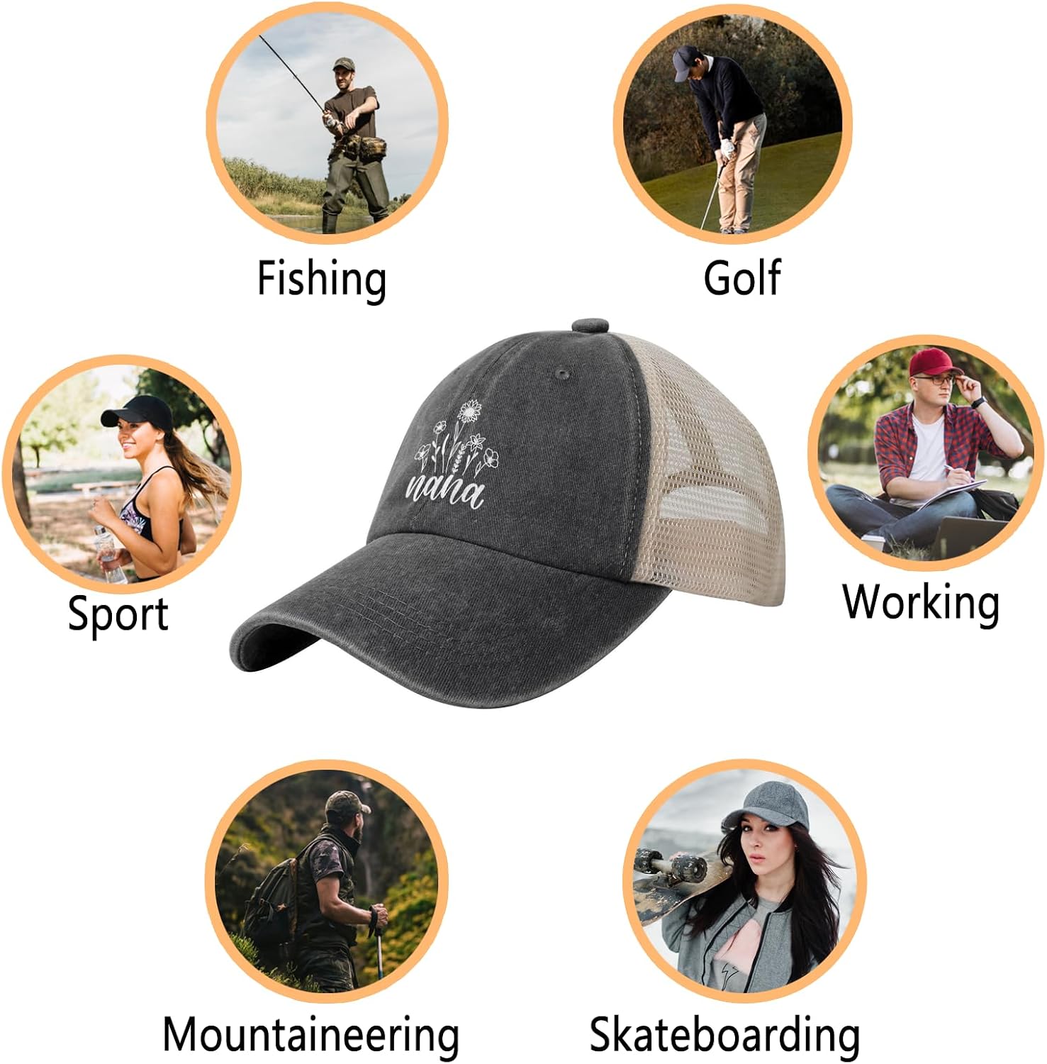 Nana Wildflowers Trucker Hat Black - Adjustable Vintage Washed Baseball Cap - Breathable Mesh Side - for Men Women