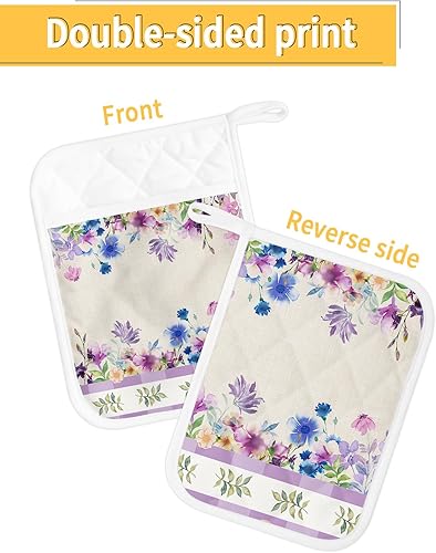 Miniatura 2 de Watercolor Flower 5Pcs Pot Holders for Kitchen,Non Slip & Heat Insulation Terry Cloth Potholder Set with Pocket,Thick Hot Pad Oven Mitts Trivet