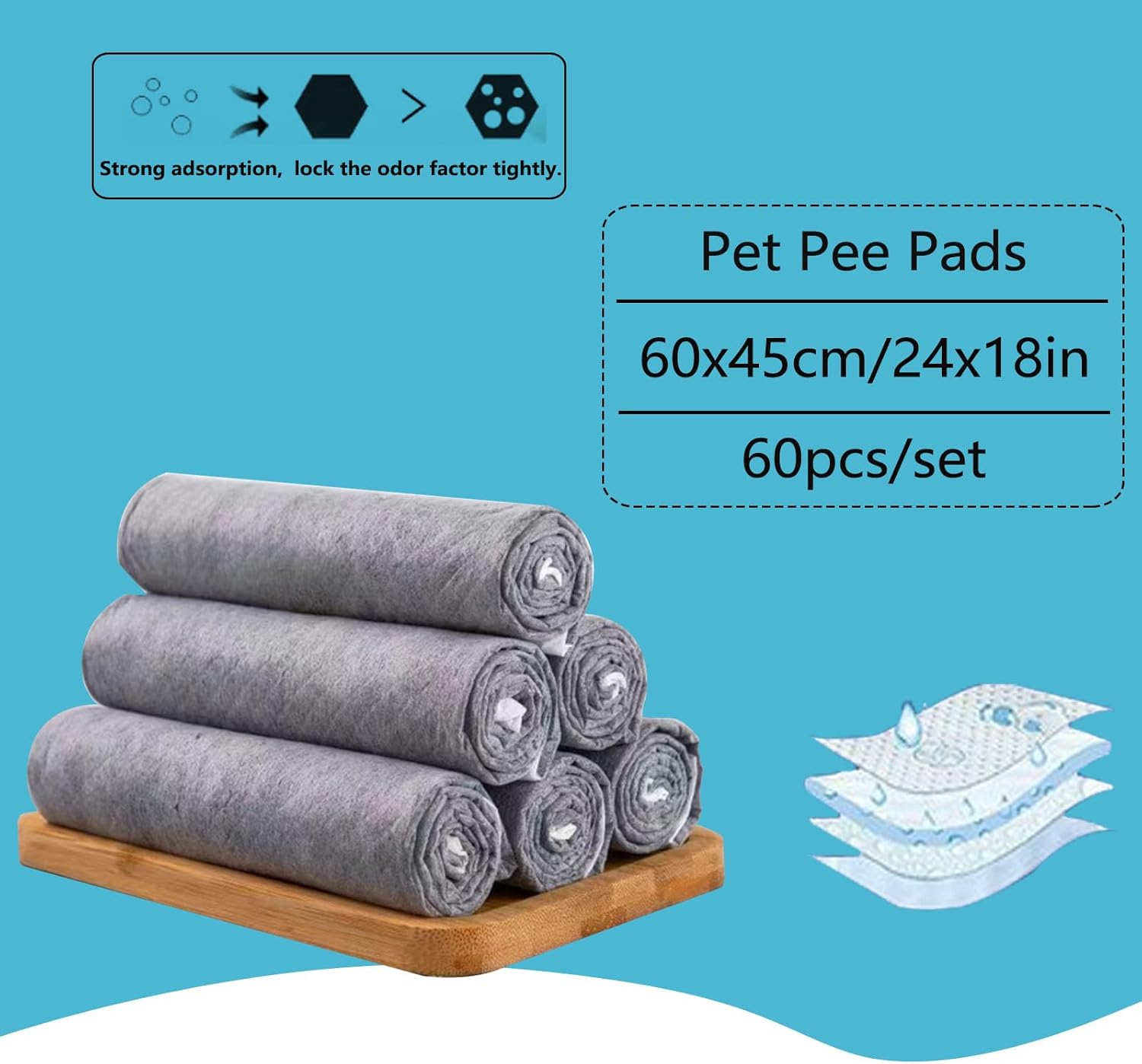 Guinea Pig Pee Pads, Disposable Rabbit Cage Liners, Charcoal Odor Controlling Absorbent Waterproof Pee Pads for Hamster, Bunny, Ferret, Chinchilla and Other Small Animals (24" x 18", 60 PCS)