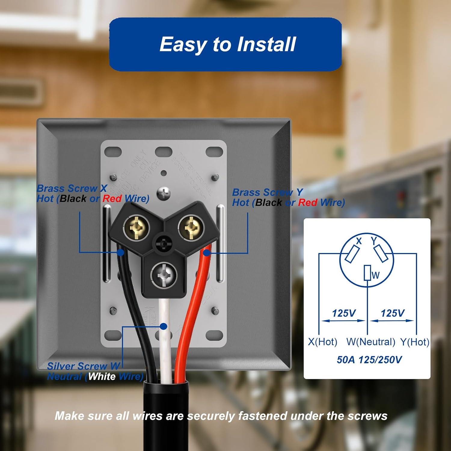 NEMA 10-50 Receptacle with Square Wall Plate, 3 Pole 3 Wire 125/250 Volt 50 Amp Flush Mount Outlet for Range, Non-Grounding, Industrial Grade UL Listed
