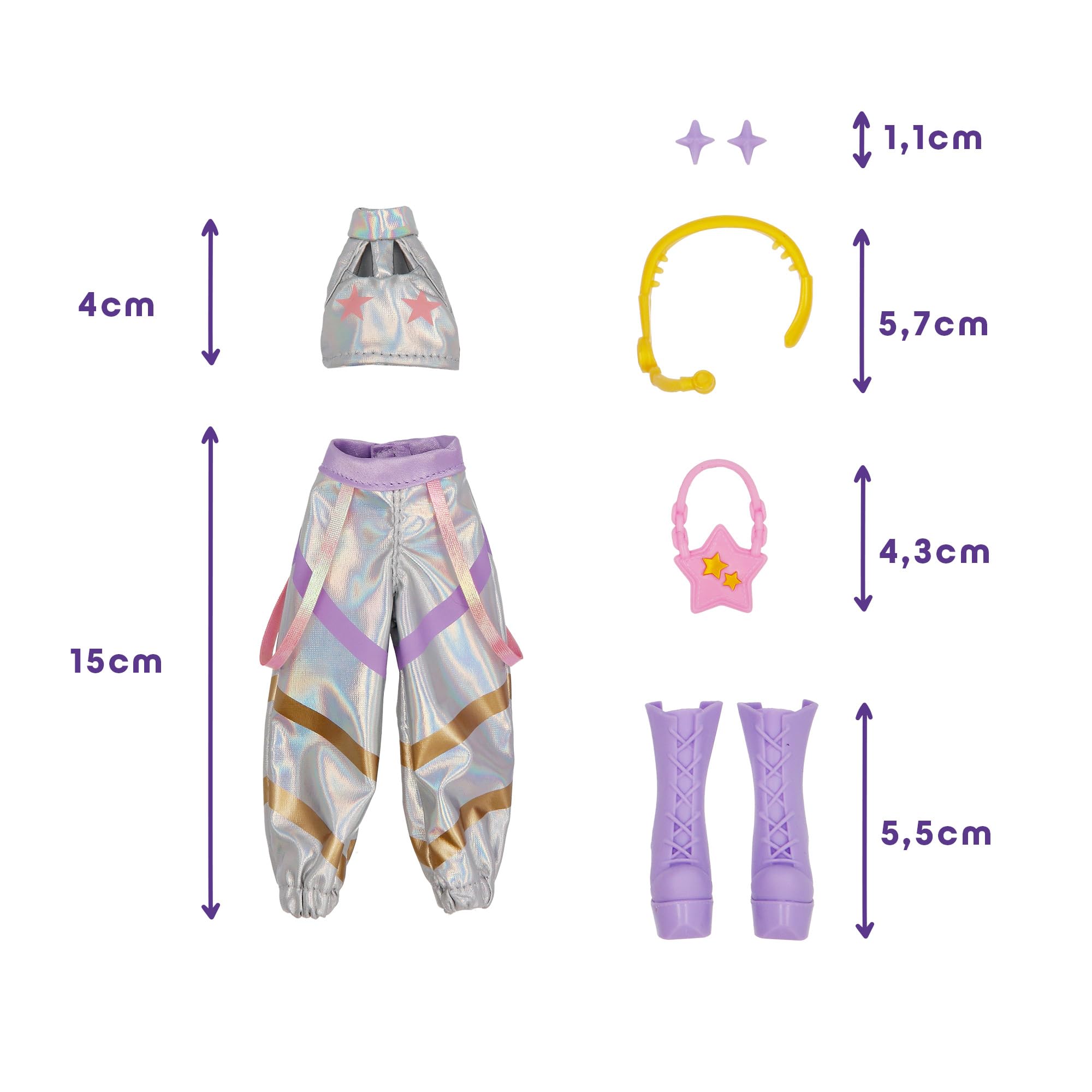 K-POP IDOL Muñeca Mina Fashion Doll Estilo K-Pop Starlight, Cabello Morado con Coletas. 3 Accesorios para Crear Outfits Optimo para Fans a Partir de 3 Años de Edad